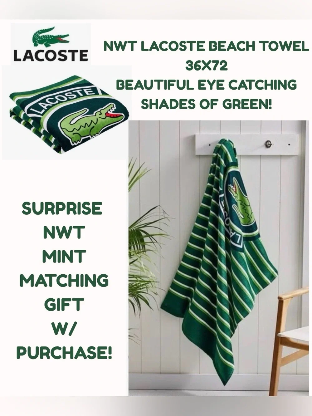 NWT LACOSTE BEACH TOWEL! 36X72! BEAUTIFUL 100% HIGH QUALITY COTTON!